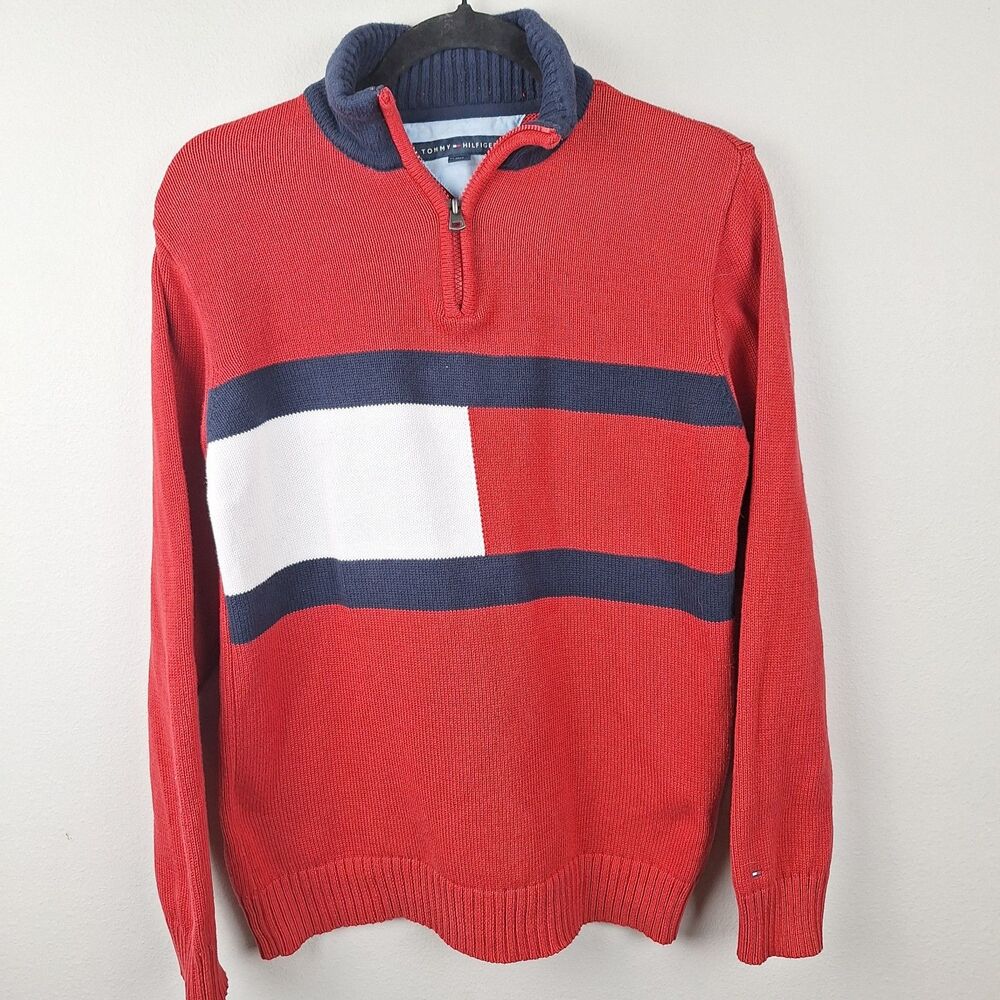Tommy Hilfiger Sweater Boys XL (18/20) Red Knit 1/4 Zip Pullover 100% Cotton